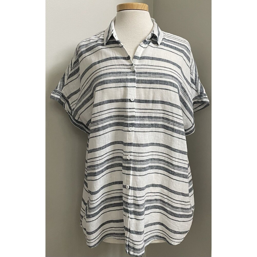 Women's Beach Lunch Lounge Top Size Large Blue/White Striped Cotton/Linen Blend